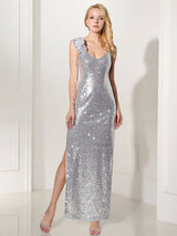 Modern Silver Evening Dress Sequin 2 Piece Mother Dress Sheath Split V Neck Flower Ankle Length Party Dress-Ballbella