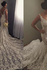 Modern Sleeveless V Neck Wedding Dress Mermaid Bridal Gowns with Lace Appliques-Ballbella