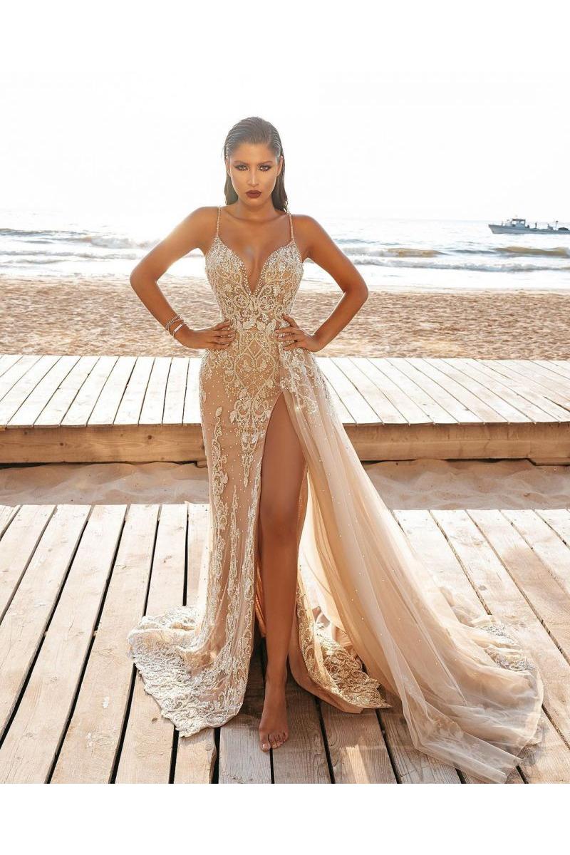 Modern Spaghetti Side Split Tulle Beach Wedding Dress Modern Spaghetti Side Split Tulle Beach Wedding Dress