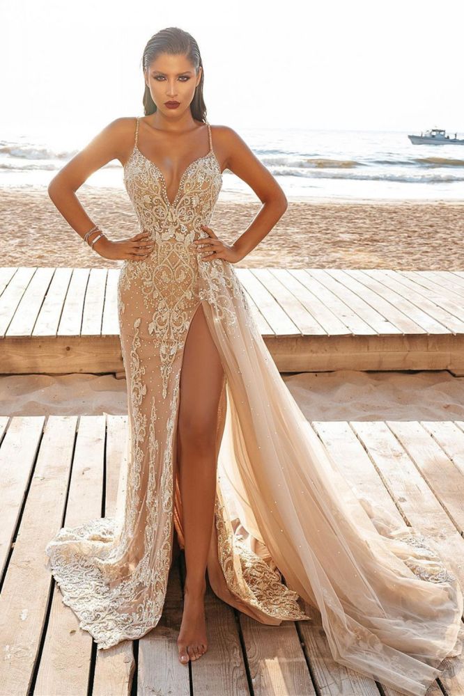 Modern Spaghetti Side Split Tulle Beach Wedding Dress Modern Spaghetti Side Split Tulle Beach Wedding Dress