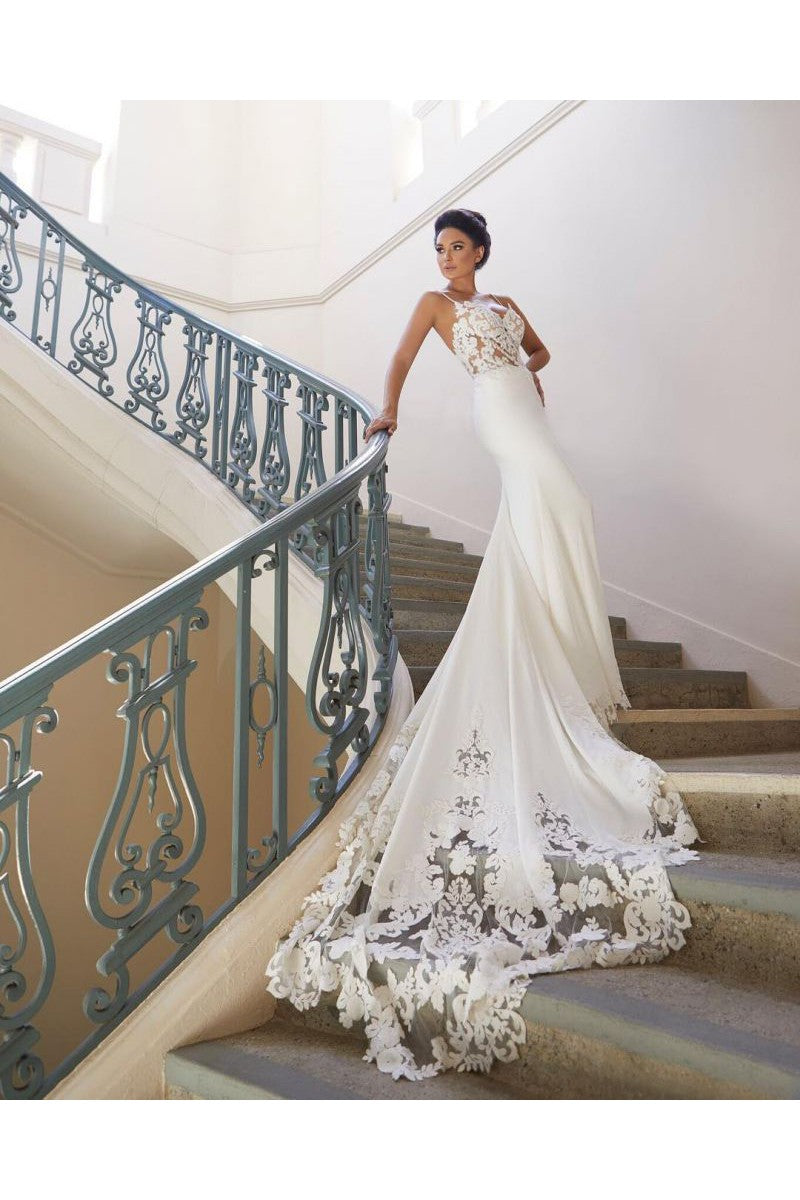 Modern Spaghetti Strap Wedding Dress Mermaid Chiffon Lace Bridal Gown Modern Spaghetti Strap Wedding Dress Mermaid Chiffon Lace Bridal Gown