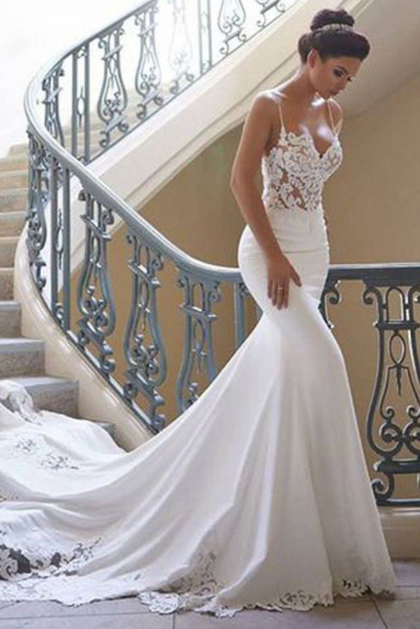 Modern Spaghetti Strap Wedding Dress Mermaid Chiffon Lace Bridal Gown Modern Spaghetti Strap Wedding Dress Mermaid Chiffon Lace Bridal Gown