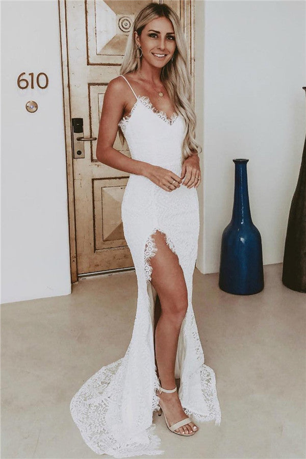 wholesale formal dresses Modern Spaghetti Straps Wholesale Slit Lace Evening Dress Sleeveless Formal Dresses