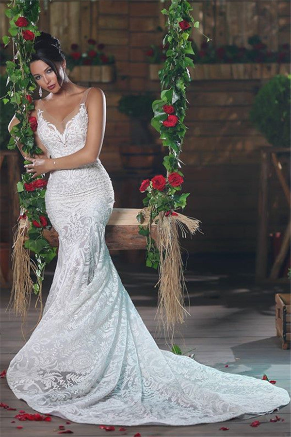 Modern V neck Mermaid Wedding Dresses Long Charming Lace Ope Back Tulle Straps Bridal Gowns Modern V neck Mermaid Wedding Dresses Long Charming Lace Ope Back Tulle Straps Bridal Gowns