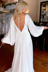 Modern V-Neck Satin Wedding Dresses Long Sleeves Open Back With High Slit-Ballbella