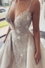 Modern V neck Sleeveless Lace Overskirt Bridal Gowns For Wedding New Arrival-Ballbella