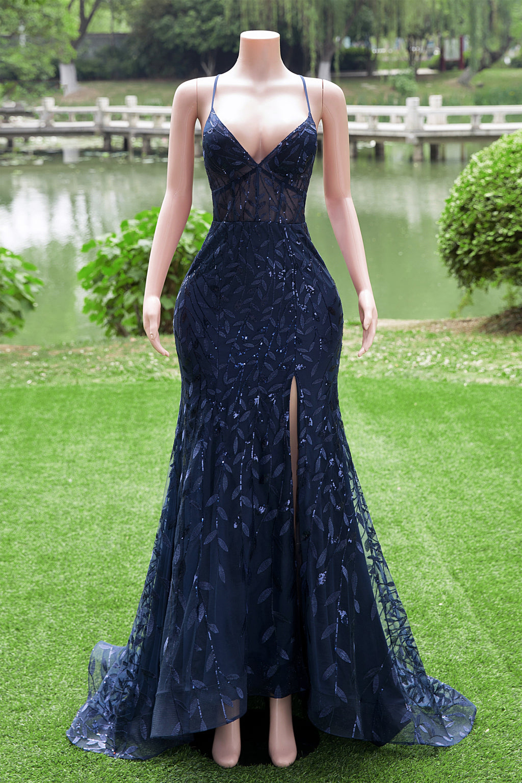navy blue mermaid lace prom dress Navy Blue Lace V-neck Off The Shoulder Mermaid Prom Dresses