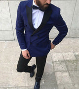 Navy Blue Peaked Lapel Double Breasted Mens Suit Online-Ballbella