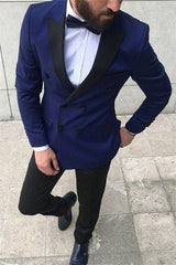 Navy Blue Peaked Lapel Double Breasted Mens Suit Online-Ballbella