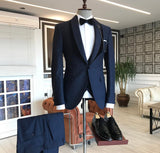 Navy Blue Shawl Lapel One Button Wedding Groom Suits-Ballbella