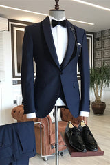Navy Blue Shawl Lapel One Button Wedding Groom Suits-Ballbella