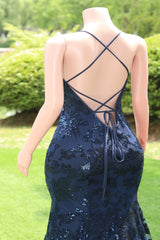 Navy Blue V-neck Mermaid Tulle High Split Prom Dresses-Ballbella