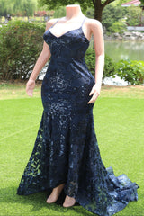 Navy Blue V-neck Mermaid Tulle High Split Prom Dresses-Ballbella