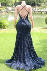 Navy Blue V-neck Mermaid Tulle High Split Prom Dresses-Ballbella
