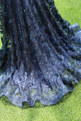 Navy Blue V-neck Mermaid Tulle High Split Prom Dresses-Ballbella