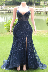 Navy Blue V-neck Mermaid Tulle High Split Prom Dresses-Ballbella