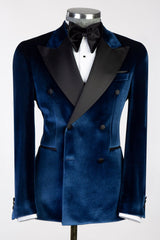 Navy Blue Velvet Black Satin Peaked Lapel Wedding Suit-Ballbella