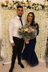 Navy Long Sleeve Mermaid Evening Dress Floor Length-Ballbella