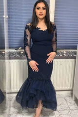Navy Long Sleeve Mermaid Evening Dress Floor Length-Ballbella