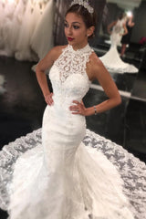 New Arrival High Neck Lace Mermaid Sleeveless Sweep Train Wedding Dress-Ballbella