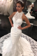New Arrival High Neck Lace Mermaid Sleeveless Sweep Train Wedding Dress-Ballbella