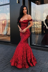 New Arrival Mermaid Charming Sequined Evening Dresses Off-The-Shoulder Floor Length Prom Dresses-Ballbella