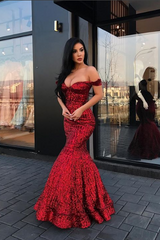 New Arrival Mermaid Charming Sequined Evening Dresses Off-The-Shoulder Floor Length Prom Dresses-Ballbella