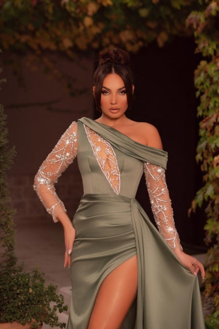 New Arrival One Shoulder Beading Split Graduation Dresses Long Prom Dresses With Long Sleeves New Arrival One Shoulder Beading Split Graduation Dresses Long Prom Dresses With Long Sleeves
