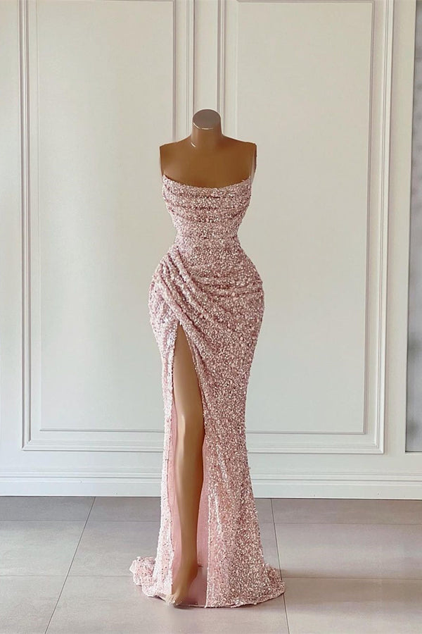 New Arrival Pink Sequins Sleeveless Evening Dresses With Split-Ballbella