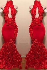 New Arrival Red Keyhole Mermaid Flowers Halter Sleeveless Long Prom Dresses-Ballbella