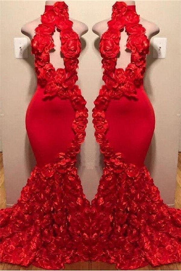 New Arrival Red Keyhole Mermaid Flowers Halter Sleeveless Long Prom Dresses New Arrival Red Keyhole Mermaid Flowers Halter Sleeveless Long Prom Dresses