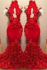 New Arrival Red Keyhole Mermaid Flowers Halter Sleeveless Long Prom Dresses-Ballbella