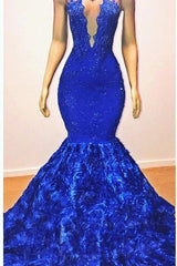 New Arrival Royal-Blue Flowers Mermaid Sleeveless With lace Appliques Prom Dresses-Ballbella