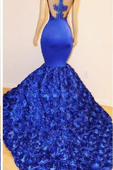 New Arrival Royal-Blue Flowers Mermaid Sleeveless With lace Appliques Prom Dresses-Ballbella