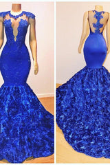 New Arrival Royal-Blue Flowers Mermaid Sleeveless With lace Appliques Prom Dresses-Ballbella