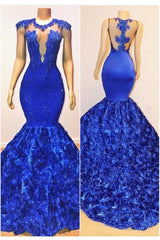 New Arrival Royal-Blue Flowers Mermaid Sleeveless With lace Appliques Prom Dresses-Ballbella