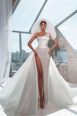 New Arrival Sleeveless One-Shoulder Mermaid Wedding Dress Long Slit Online-Ballbella