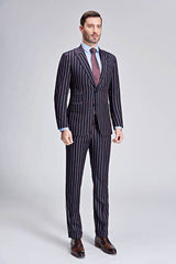 New Arrival Stripes Dark Navy Mens Suits Peak Lapel Three Flap Pockets Suits for Men-Ballbella