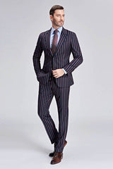 New Arrival Stripes Dark Navy Mens Suits Peak Lapel Three Flap Pockets Suits for Men-Ballbella