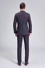 New Arrival Stripes Dark Navy Mens Suits Peak Lapel Three Flap Pockets Suits for Men-Ballbella