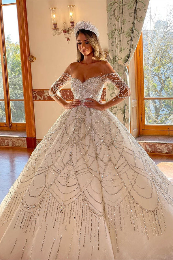 New Arrival Sweetheart Long Sleeves Lace Wedding Dress-Ballbella