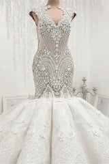 New Arrival V Neck Cap Sleeve Beads Crystals Mermaid Wedding Dress Lace Applique-Ballbella