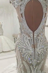 New Arrival V Neck Cap Sleeve Beads Crystals Mermaid Wedding Dress Lace Applique-Ballbella
