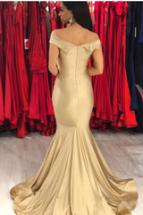 New Off-the-Shoulder Stretch Satin Plicated V-neck Floor Length Prom Dresses Mermaid Sleeveless Champagne Evening Gowns-Ballbella