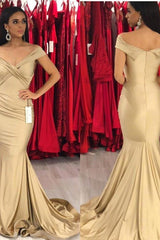 New Off-the-Shoulder Stretch Satin Plicated V-neck Floor Length Prom Dresses Mermaid Sleeveless Champagne Evening Gowns-Ballbella
