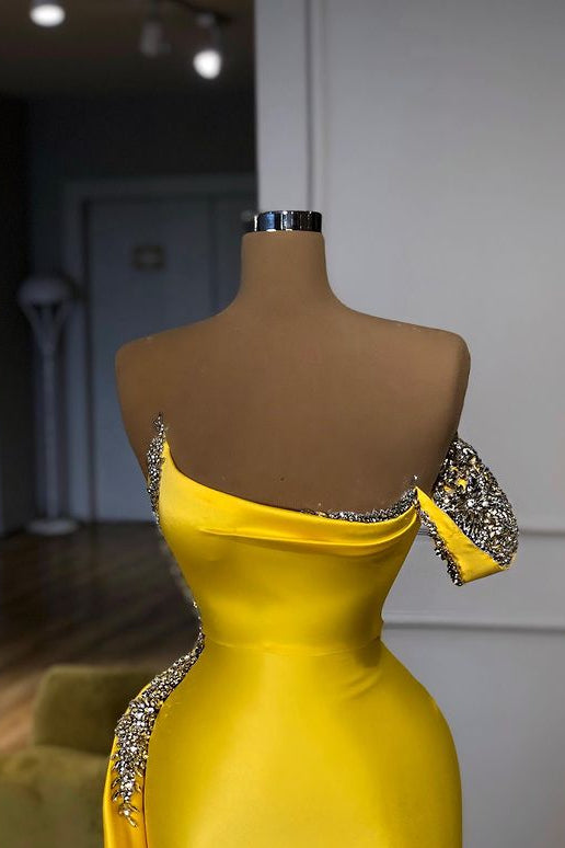 one shoulder yellow cocktail dress Light Yellow One Shoulder 3D Appliques Beading Long Prom Dress with Slit Yellow / 16