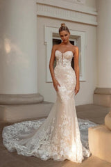 Noble sweetheart sleeveless mermaid lace Wedding Dresses-Ballbella