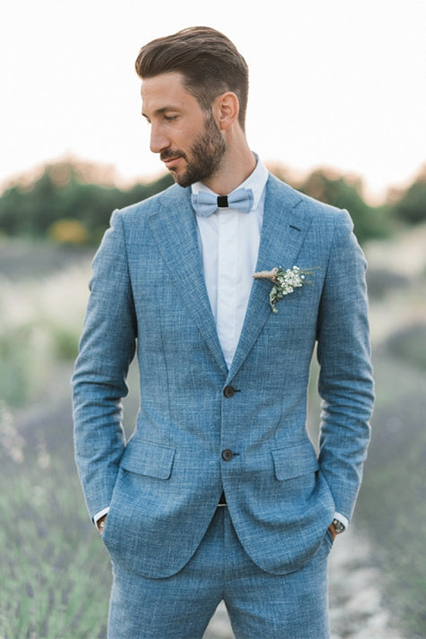Ocean Blue Linen Summer Beach Groom Wedding Suits Casual Man
