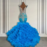 Ocean Blue Mermaid Tulle Ruffle Prom Dress Long With Beadings-Ballbella