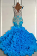 Ocean Blue Mermaid Tulle Ruffle Prom Dress Long With Beadings-Ballbella